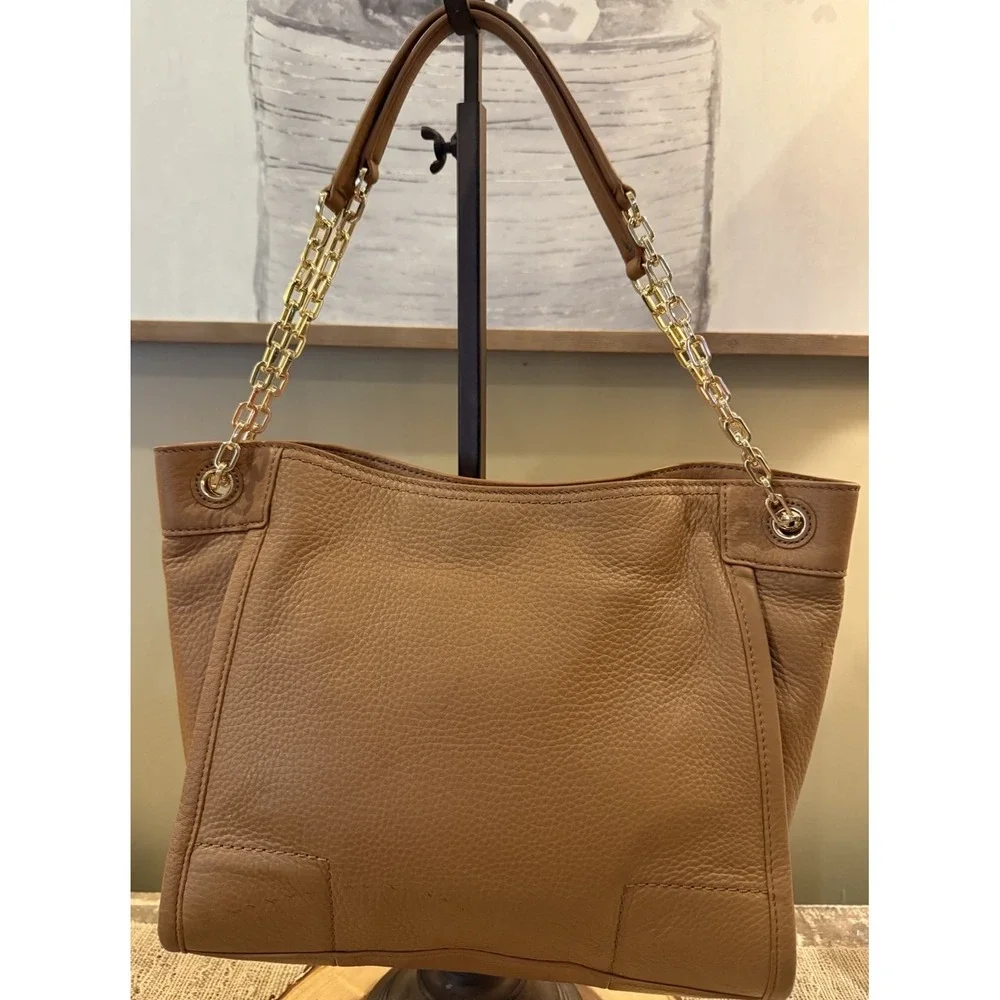 Tory Burch Britten Bark Tan Pebbled Leather Small Slouchy Chain Tote Bag 445$